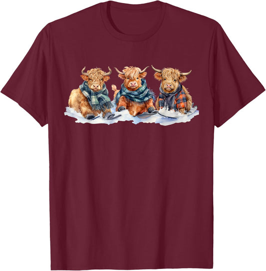 Cute Winter Highland Cows Plaid Scarf Skiing Snowshoe Snow T-Shirt - T-Shirt | Maroon