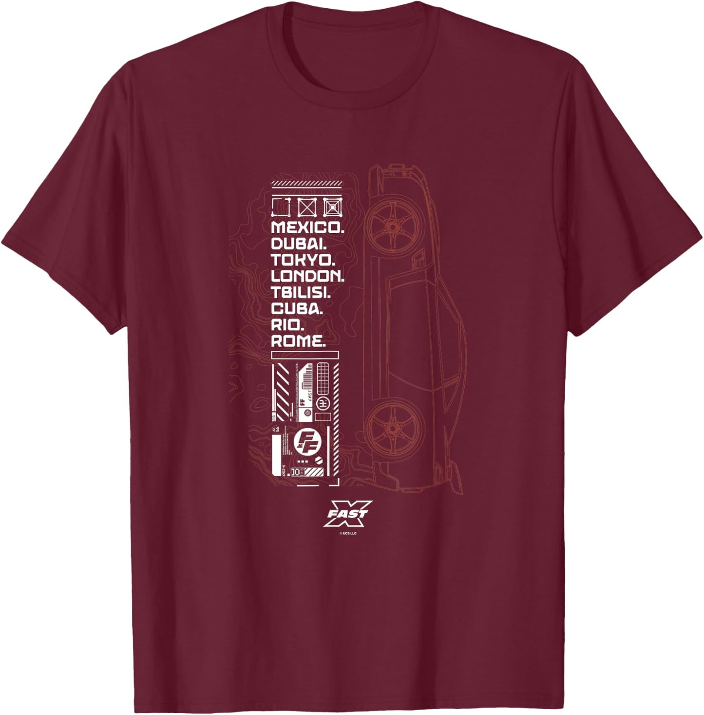 Fast X Worldwide Cities Fast & Furious Red Car Tactical Map , black T-Shirt - T-Shirt | Maroon