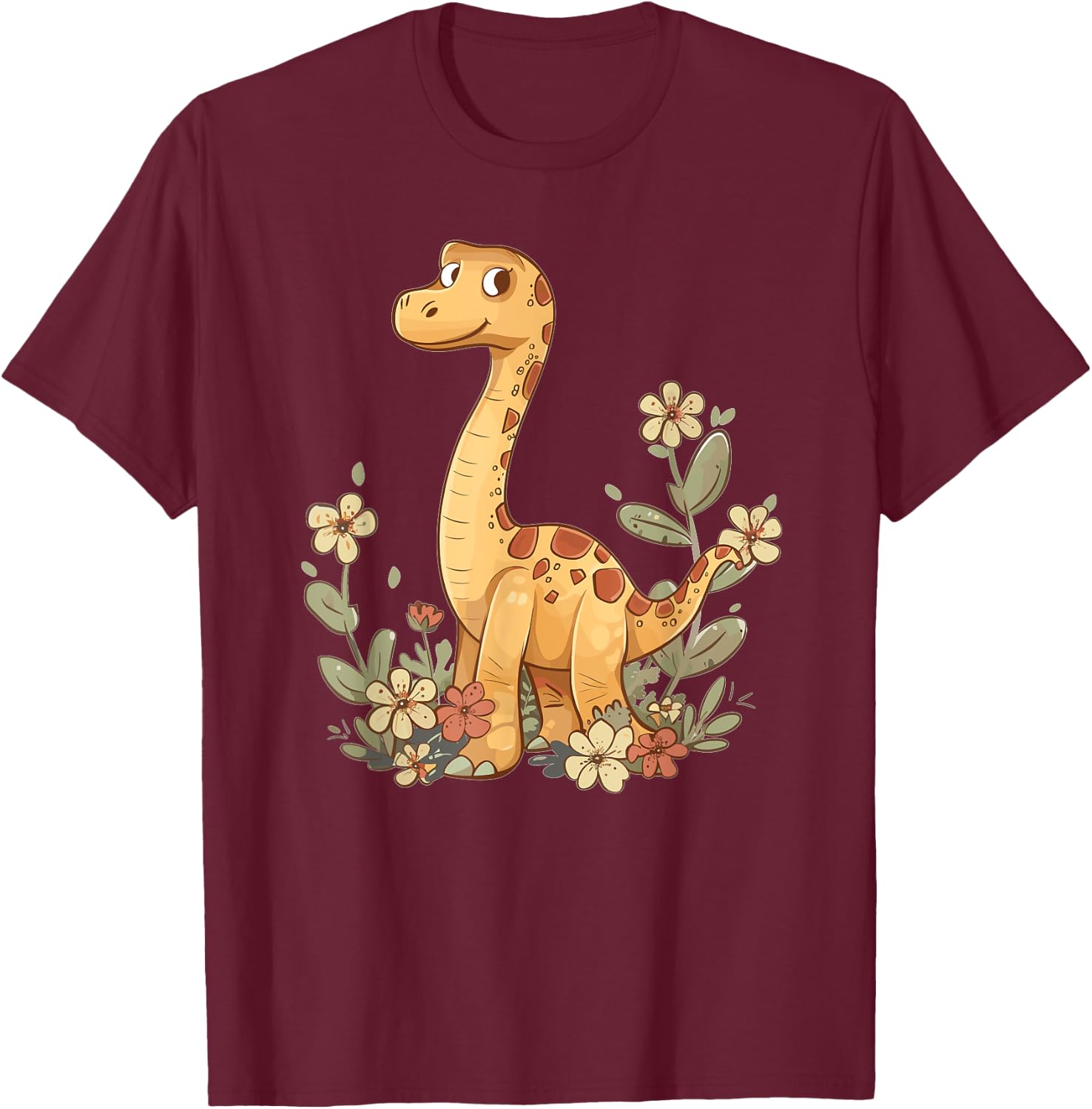 Cute Brachiosaurus With Flowers I Kids Brachiosaurus T-Shirt - T-Shirt | Maroon