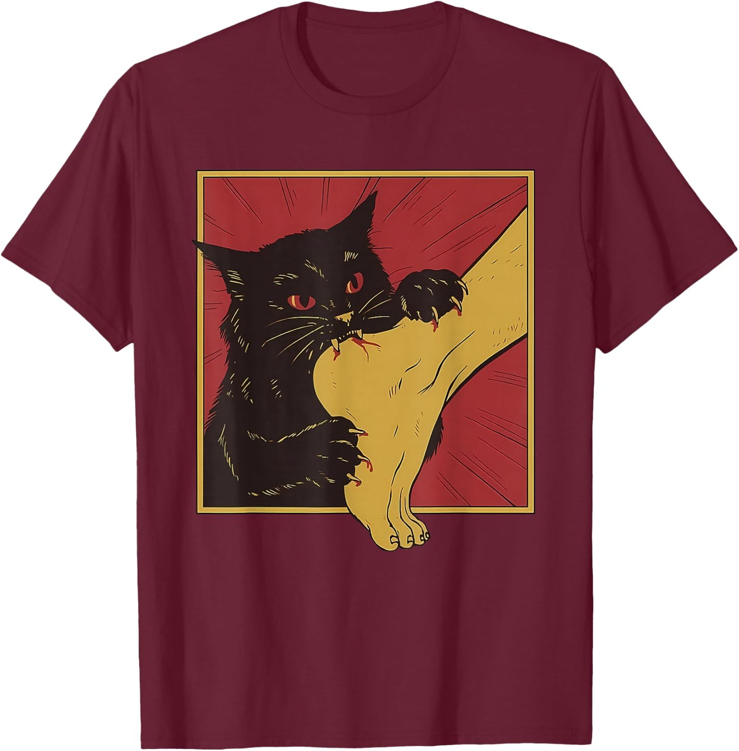 Japanese Horror Anime, Funny Vintage Cat Bite The Foot T-Shirt - T-Shirt | Maroon