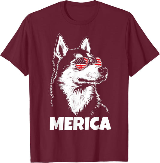 American Flag Merica husky dog 4th Of July kids women men T-Shirt - T-Shirt | Maroon