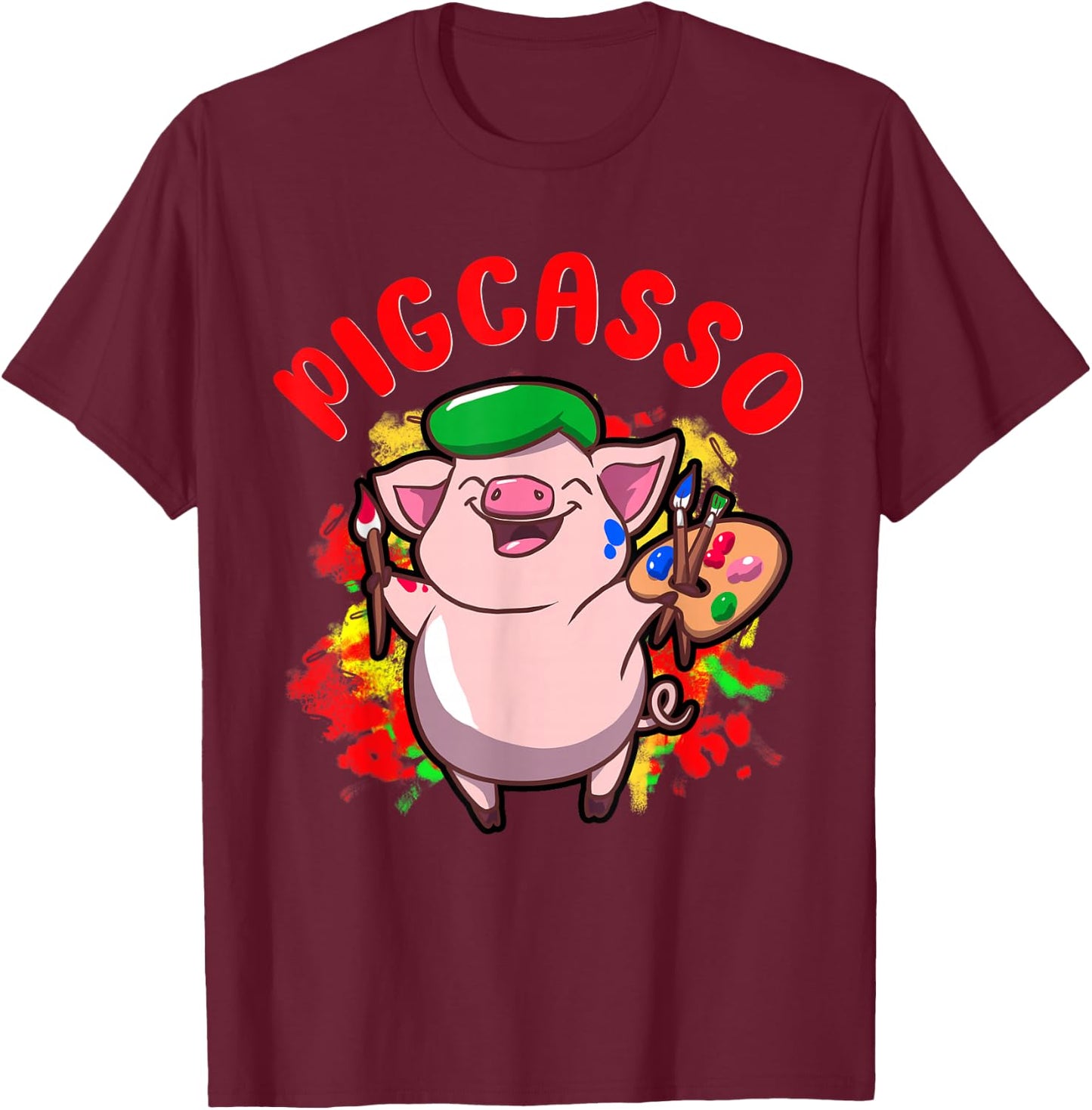Pigcasso Funny Pig Painter Painting Artist Art Lover Piggy T-Shirt - T-Shirt | Maroon