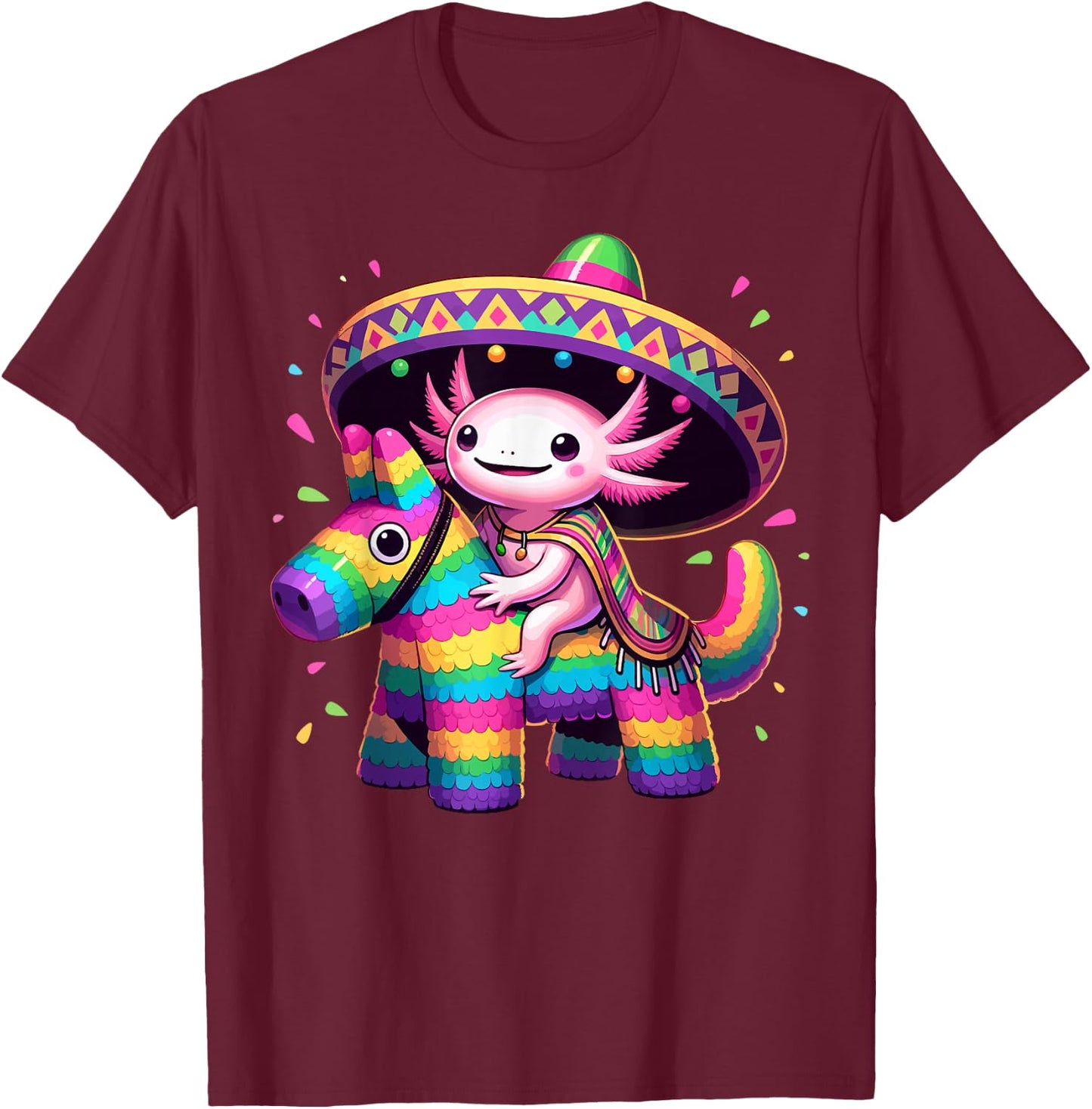 Axolotl Riding Pinata Cinco de Mayo Sombrero Poncho Funny T-Shirt - T-Shirt | Maroon