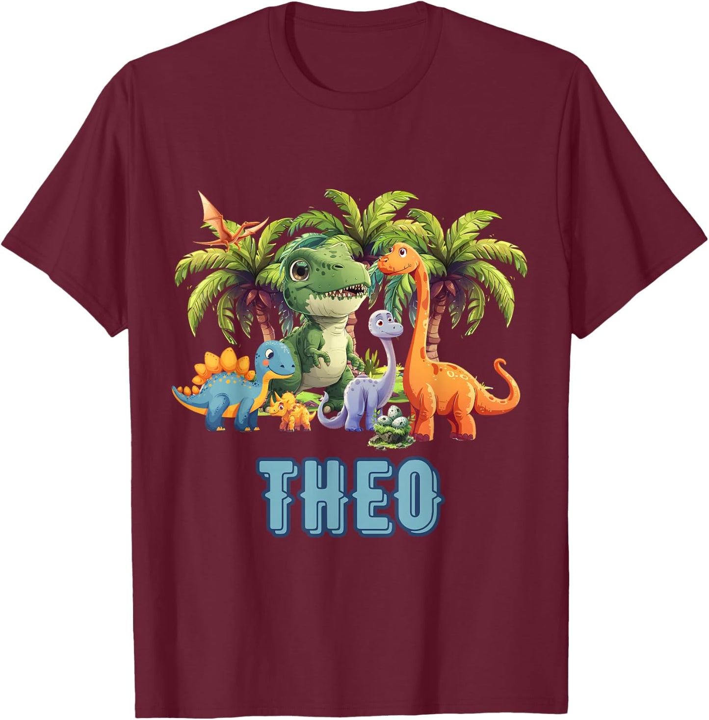 THEO Dinosaur Personalized Custom First Name Toddler Boy T-Shirt - T-Shirt | Maroon