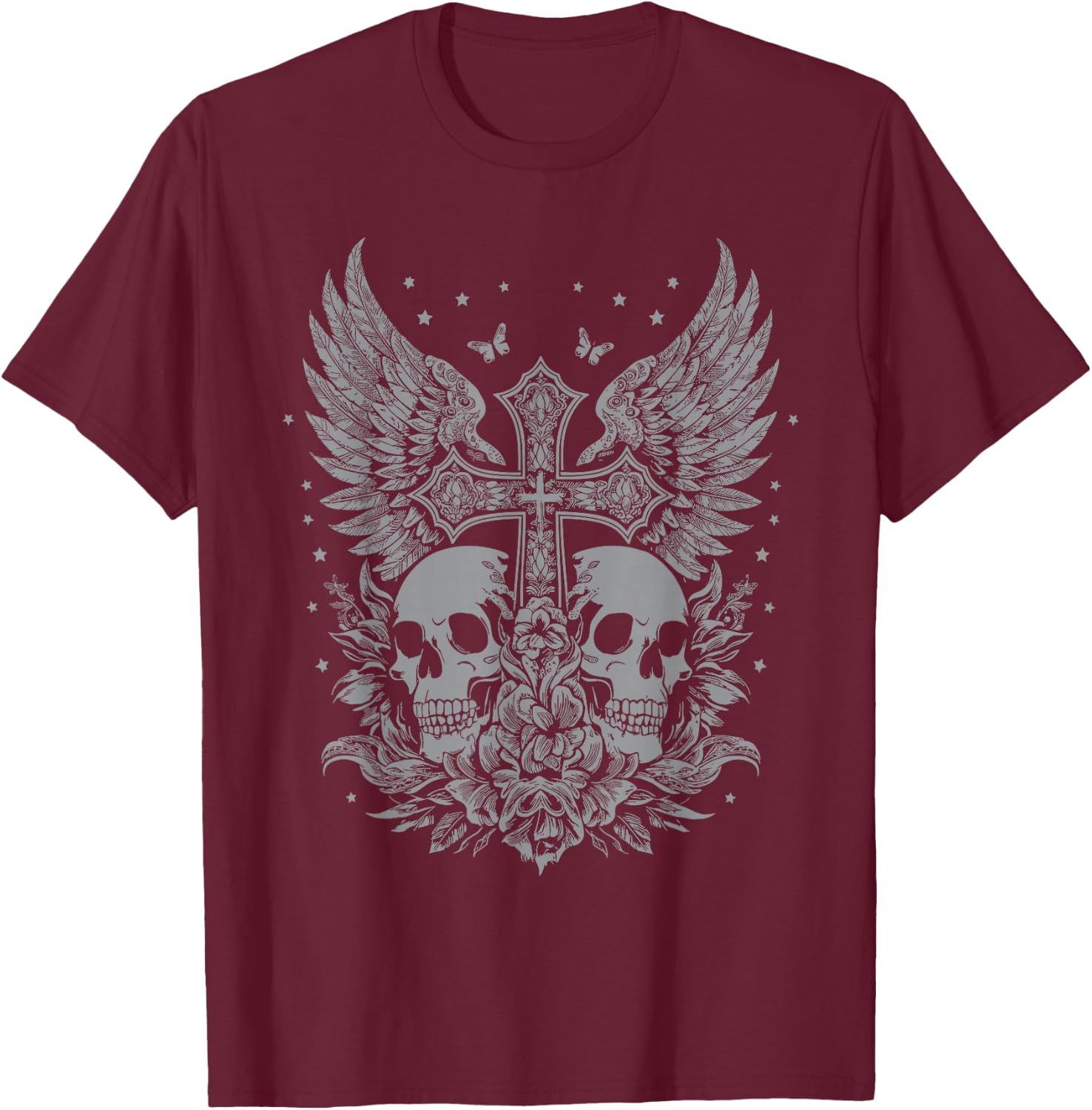 Emo Y2K Grunge Aesthetic Goth Skull Cross Gothic Butterfly , black T-Shirt - T-Shirt | Maroon