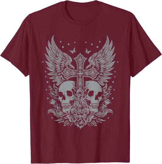 Emo Y2K Grunge Aesthetic Goth Skull Cross Gothic Butterfly , black T-Shirt - T-Shirt | Maroon