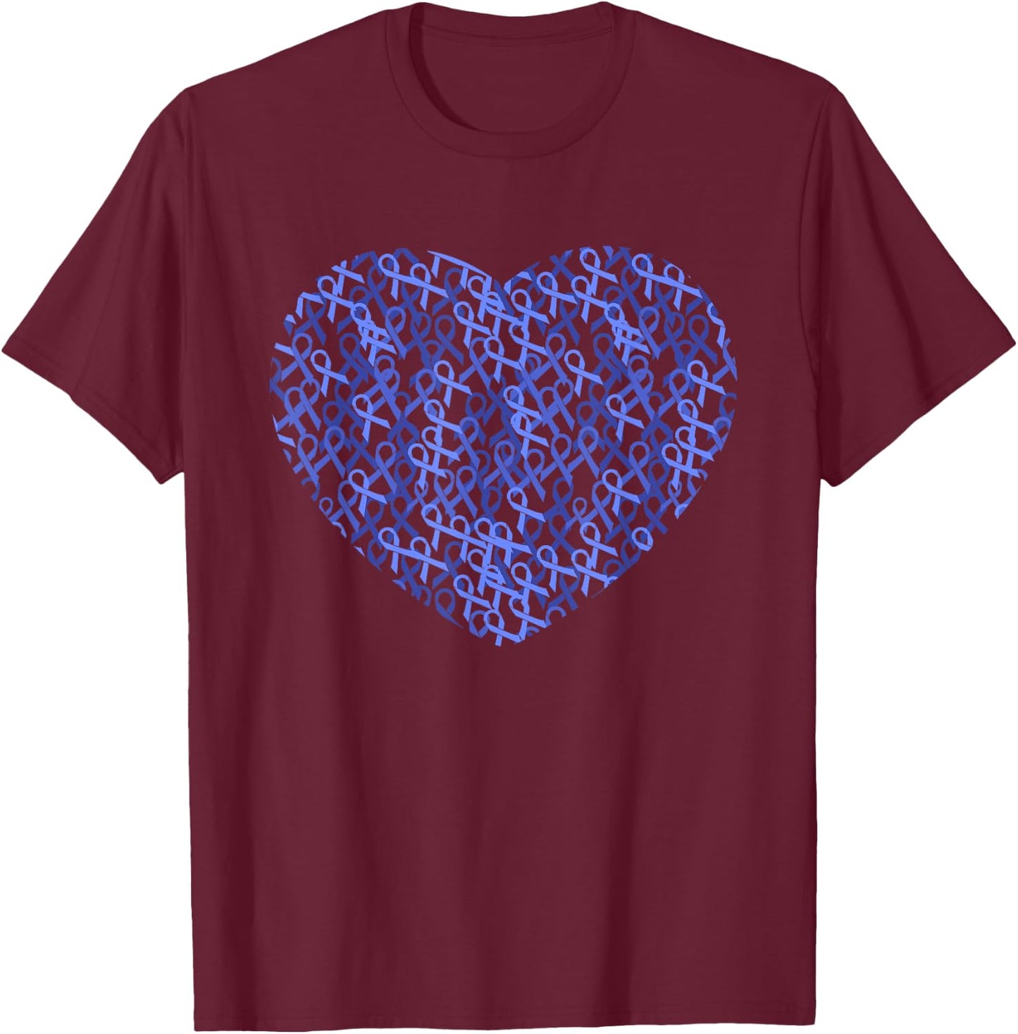 Colorectal Colon Cancer Awareness Blue Ribbon Heart T-Shirt - T-Shirt | Maroon