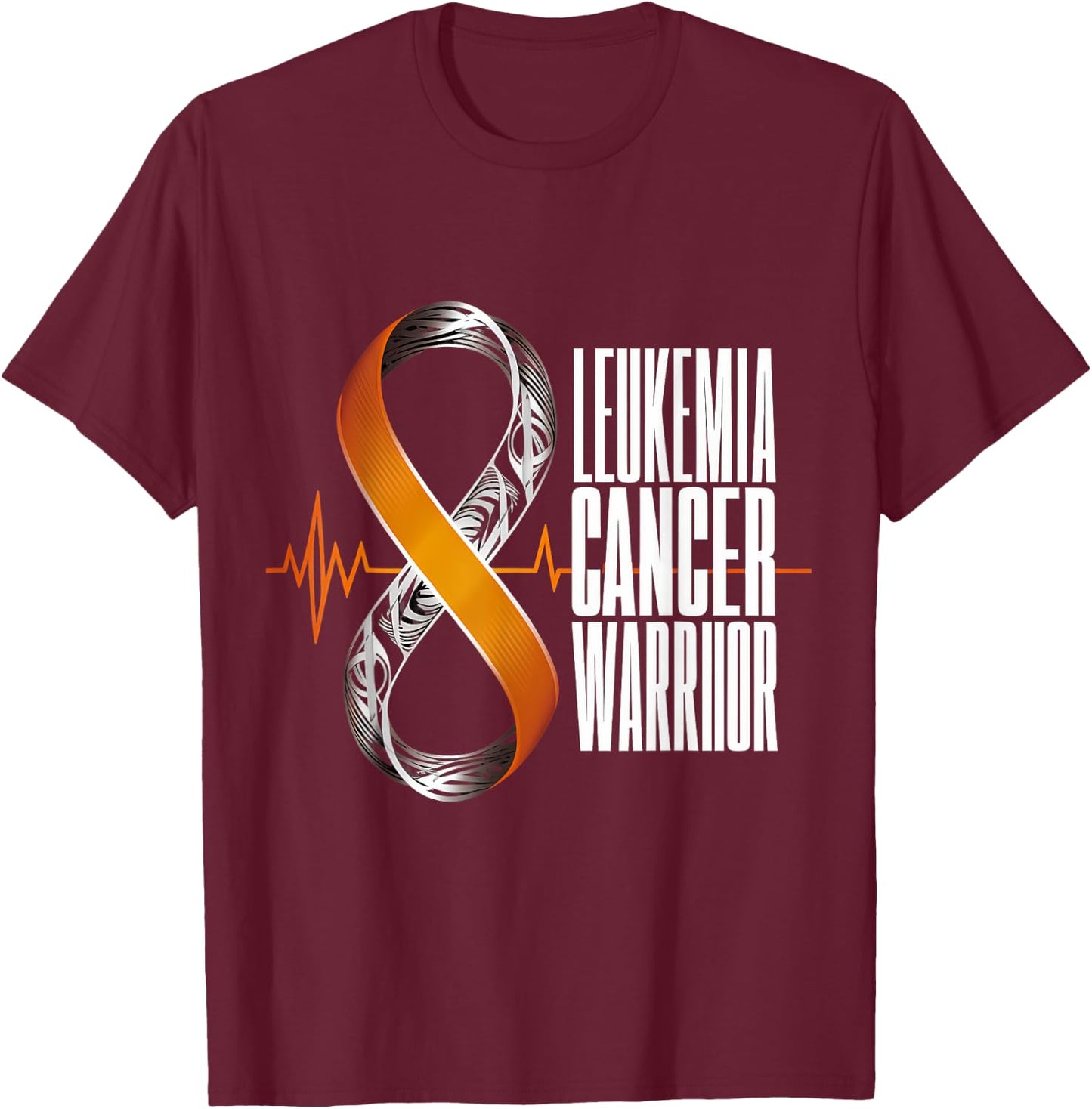 Leukemia Cancer Awareness Warrior Heartbeat Orange Ribbon T-Shirt - T-Shirt | Maroon