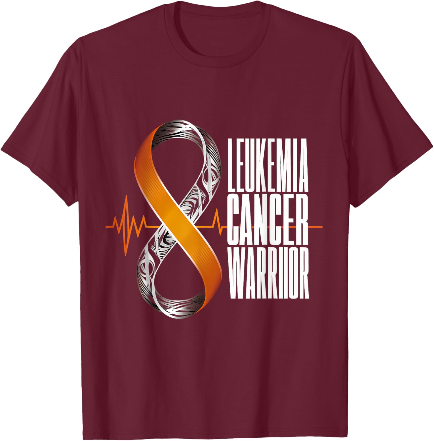 Leukemia Cancer Awareness Warrior Heartbeat Orange Ribbon T-Shirt - T-Shirt | Maroon