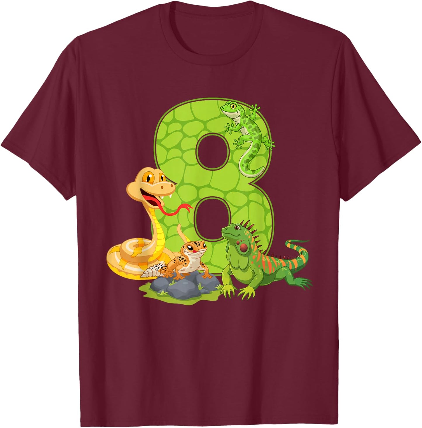 8th Birthday Snake Lizard Reptile 8 Year Old Birthday Party T-Shirt - T-Shirt | Maroon