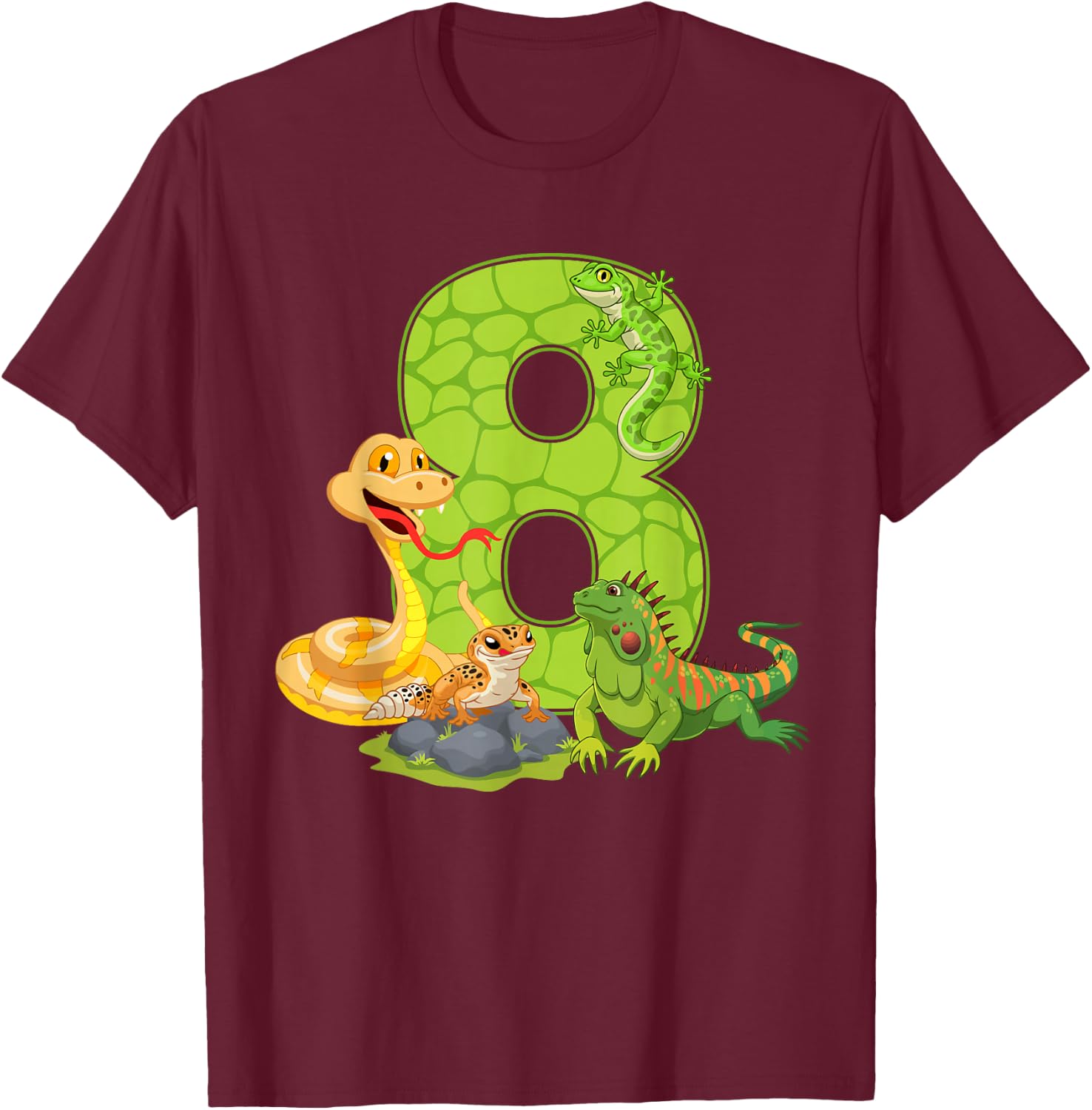8th Birthday Snake Lizard Reptile 8 Year Old Birthday Party T-Shirt - T-Shirt | Maroon
