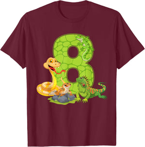 8th Birthday Snake Lizard Reptile 8 Year Old Birthday Party T-Shirt - T-Shirt | Maroon