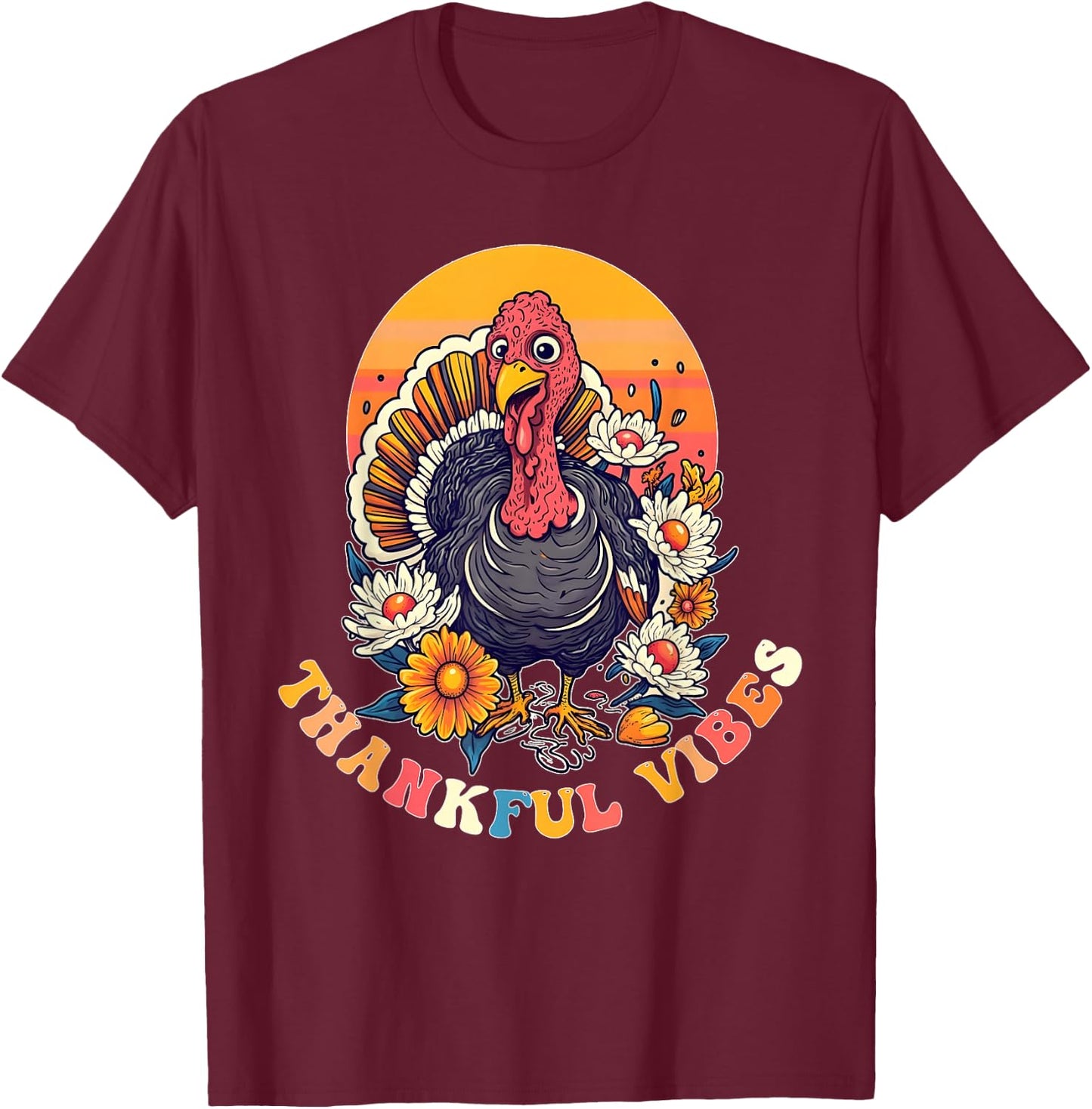 Thankful Vibes Turkey Funny Groovy Thanksgiving Women Girl T-Shirt - T-Shirt | Maroon