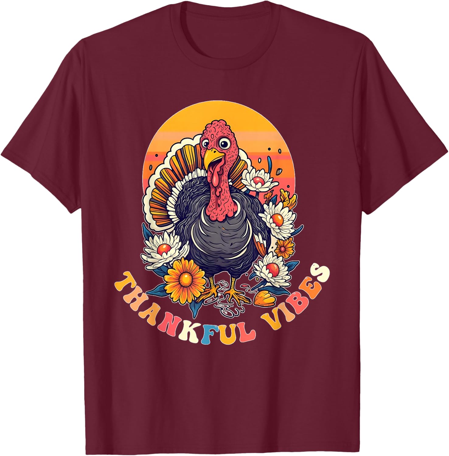 Thankful Vibes Turkey Funny Groovy Thanksgiving Women Girl T-Shirt - T-Shirt | Maroon