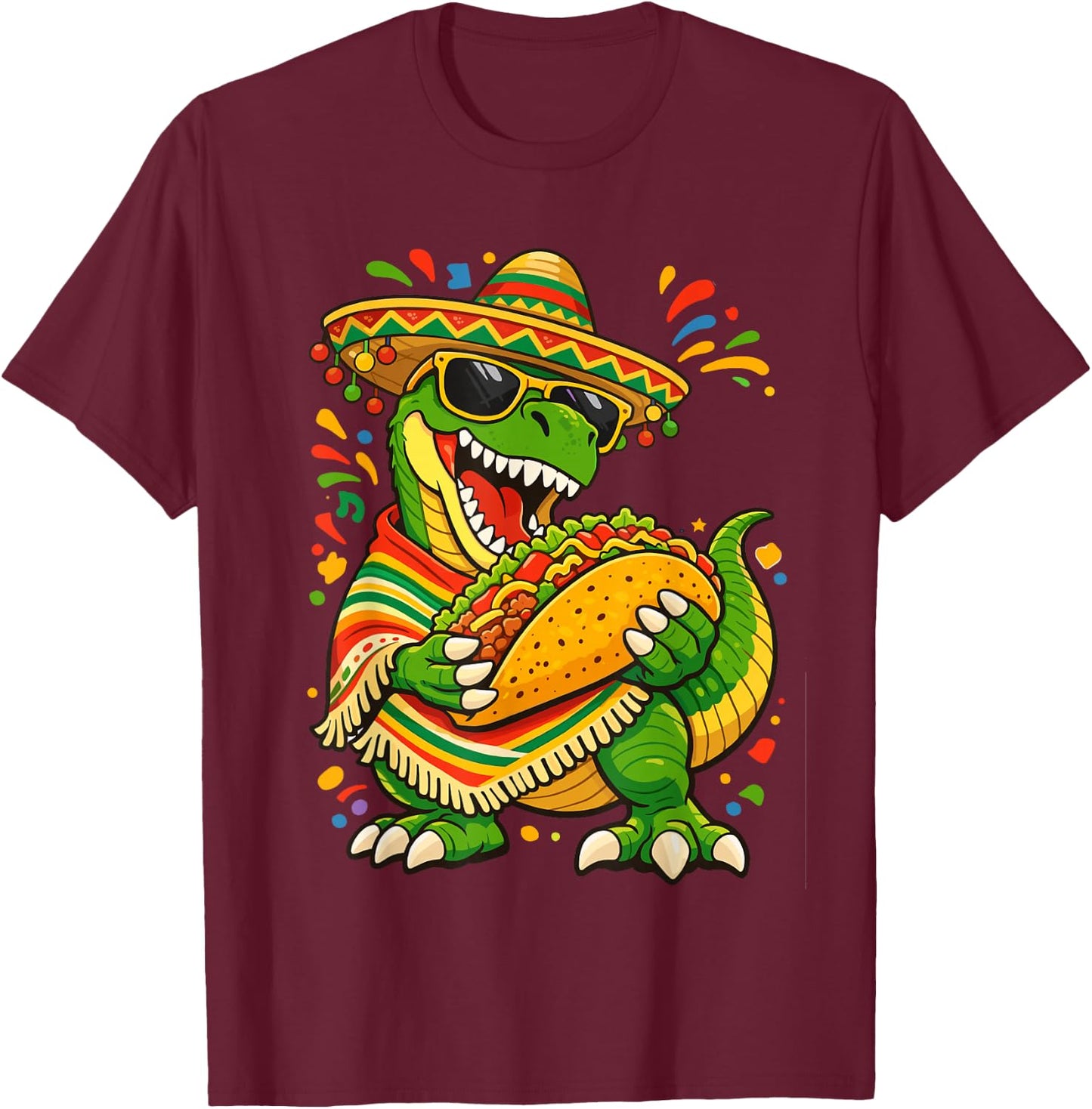Cinco De Mayo Dinosaur Mexican T Rex Eating Taco Sombrero T-Shirt - T-Shirt | Maroon