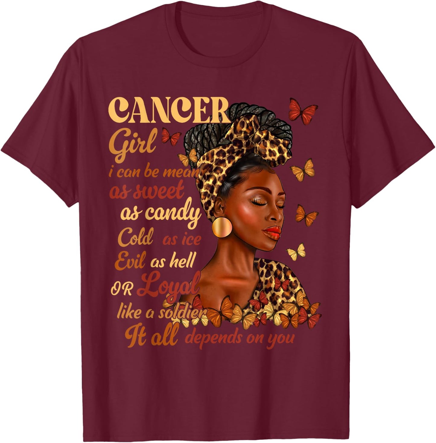 Cancer Girl Black Woman Melanin Girl Leopard Zodiac Sign T-Shirt - T-Shirt | Maroon