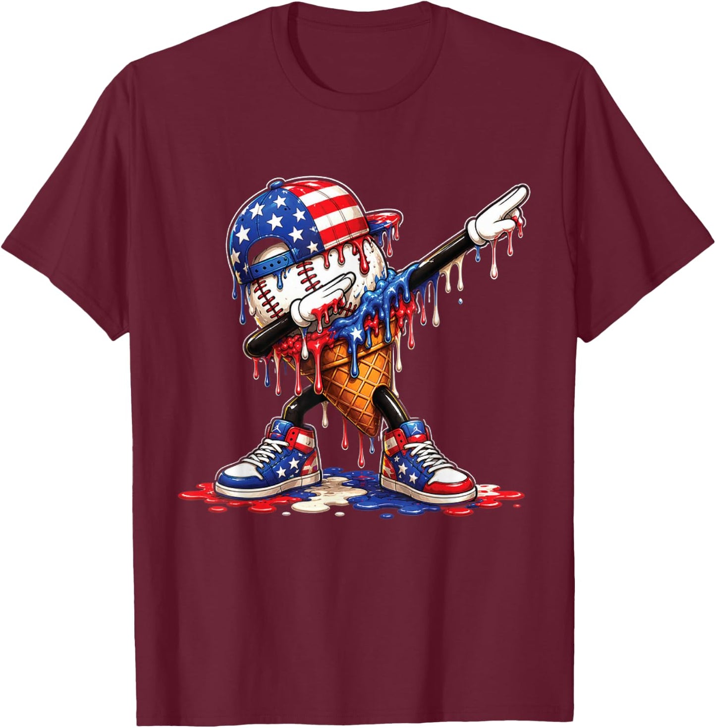 Baseball Drip Ice Cream Patriot American Flag 4th of July T-Shirt - T-Shirt | Maroon