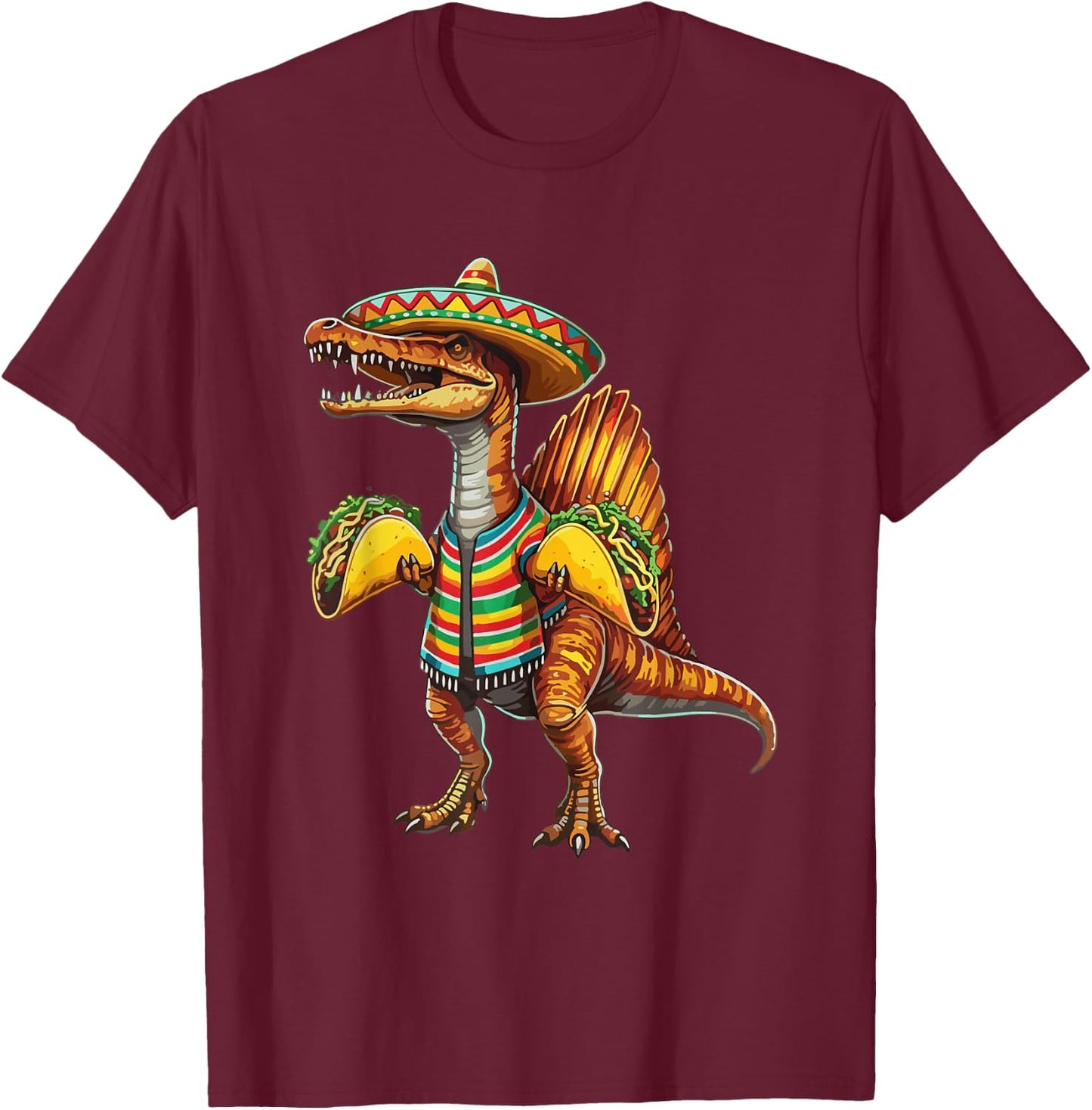Spinosaurus Taco Lover Cinco de Mayo Graphic T-Shirt - T-Shirt | Maroon