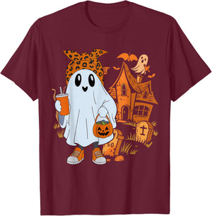 Cute Ghost Drinking Coffee Halloween Ghost Leopard Ice Coffe T-Shirt - T-Shirt | Maroon