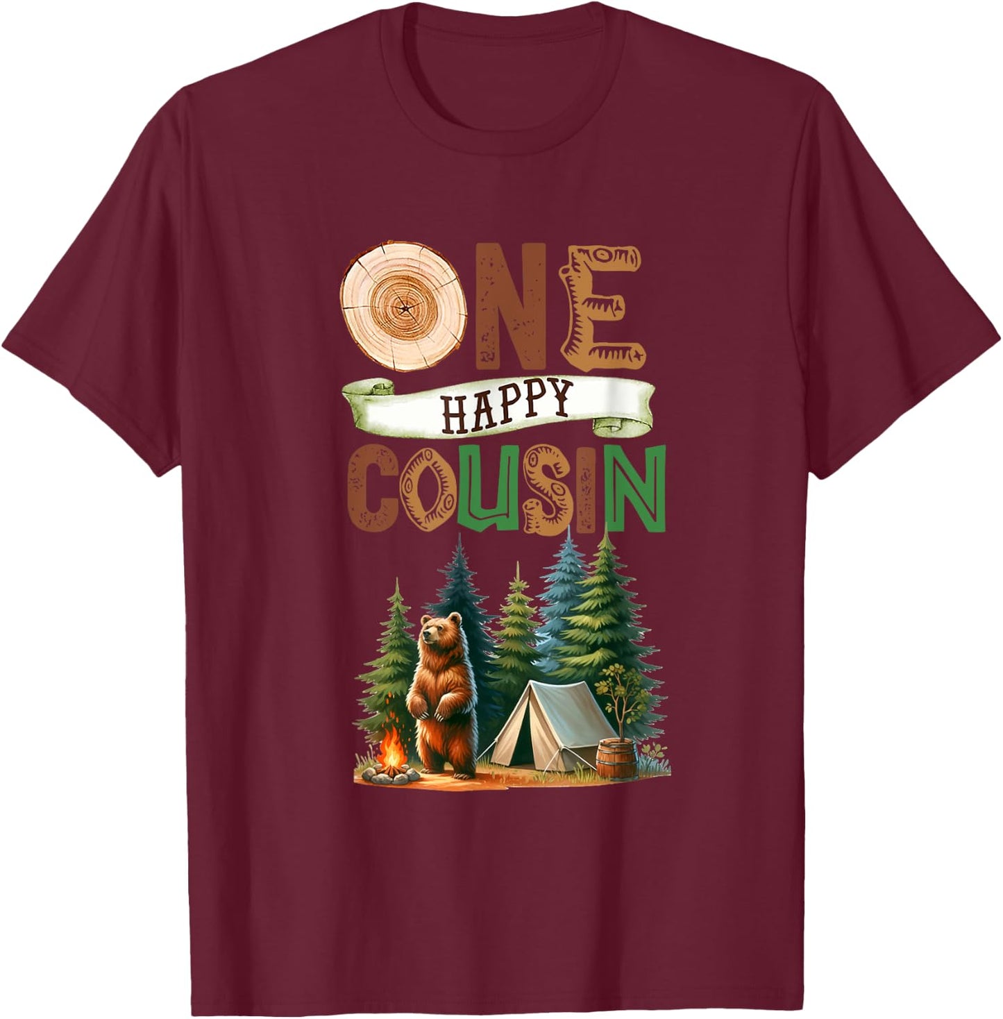 One Happy Cousin Camper First Birthday Camping Bear Kids T-Shirt - T-Shirt | Maroon