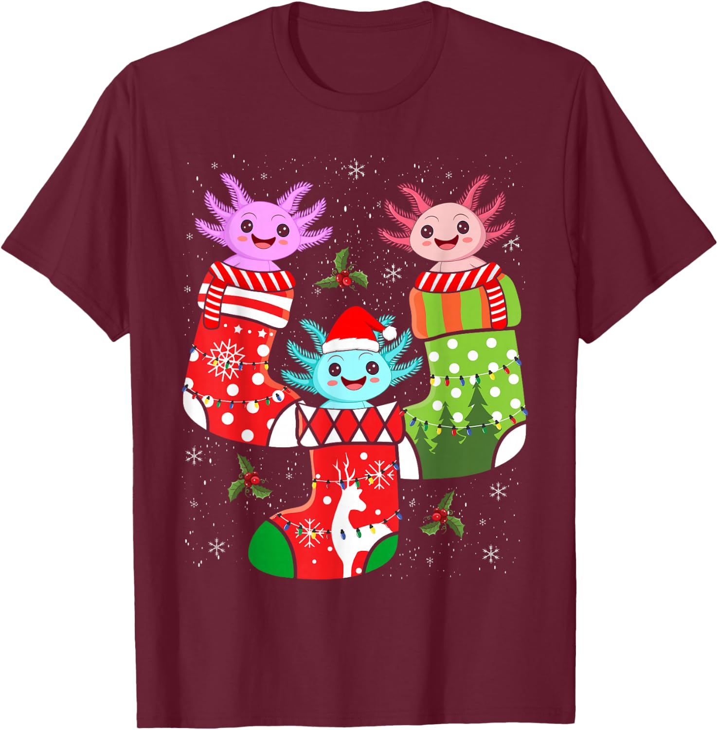 Kawaii Axolotl Christmas Stocking Kid Youth Teen Pajamas Pjs T-Shirt - T-Shirt | Maroon