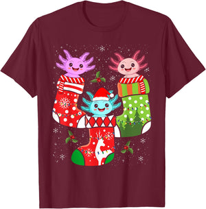 Kawaii Axolotl Christmas Stocking Kid Youth Teen Pajamas Pjs T-Shirt - T-Shirt | Maroon