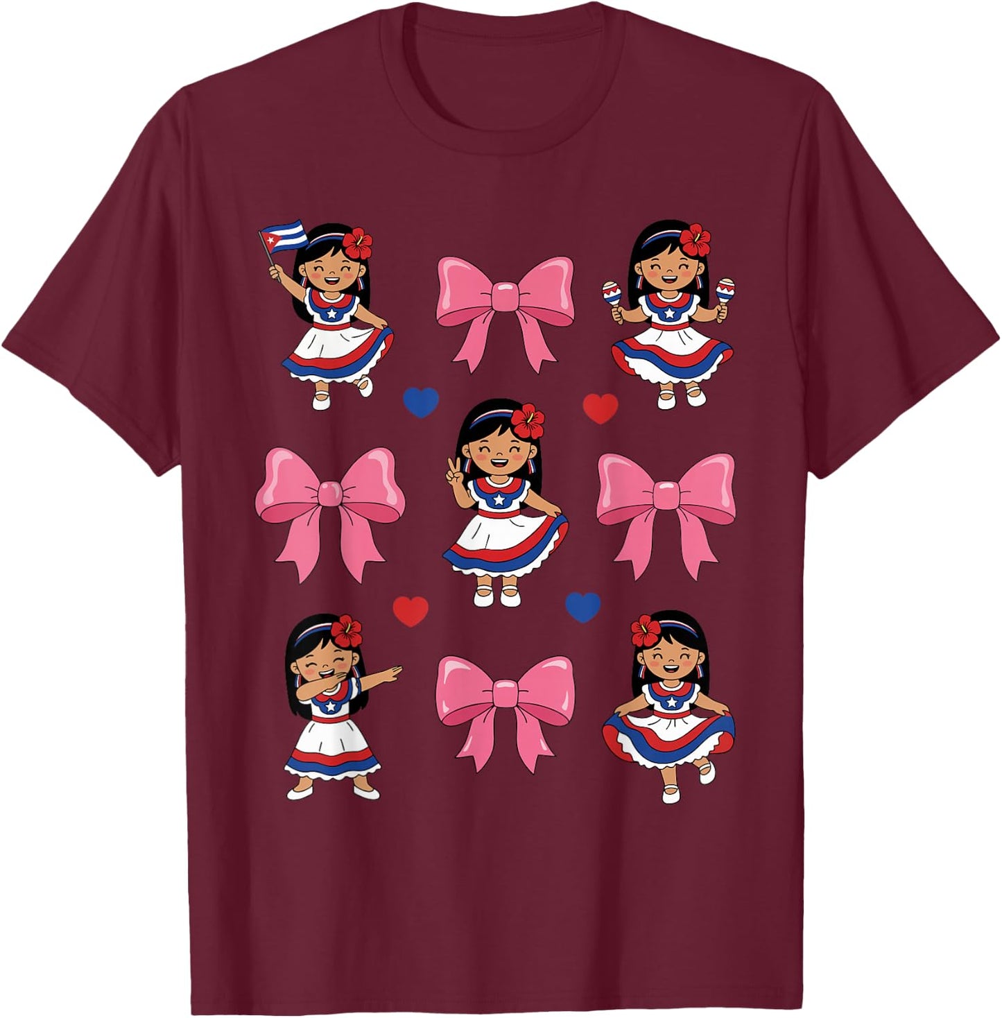 Cute Cuban Girl Traditional Dress Bow Cuba Heritage Flag T-Shirt - T-Shirt | Maroon