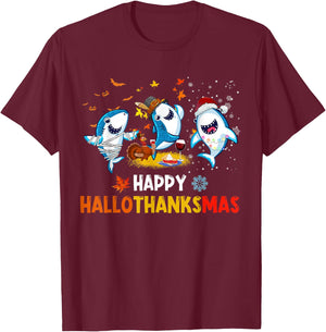 Happy Hallothanksmas Sharks Halloween Christmas Thanksgiving T-Shirt - T-Shirt | Maroon