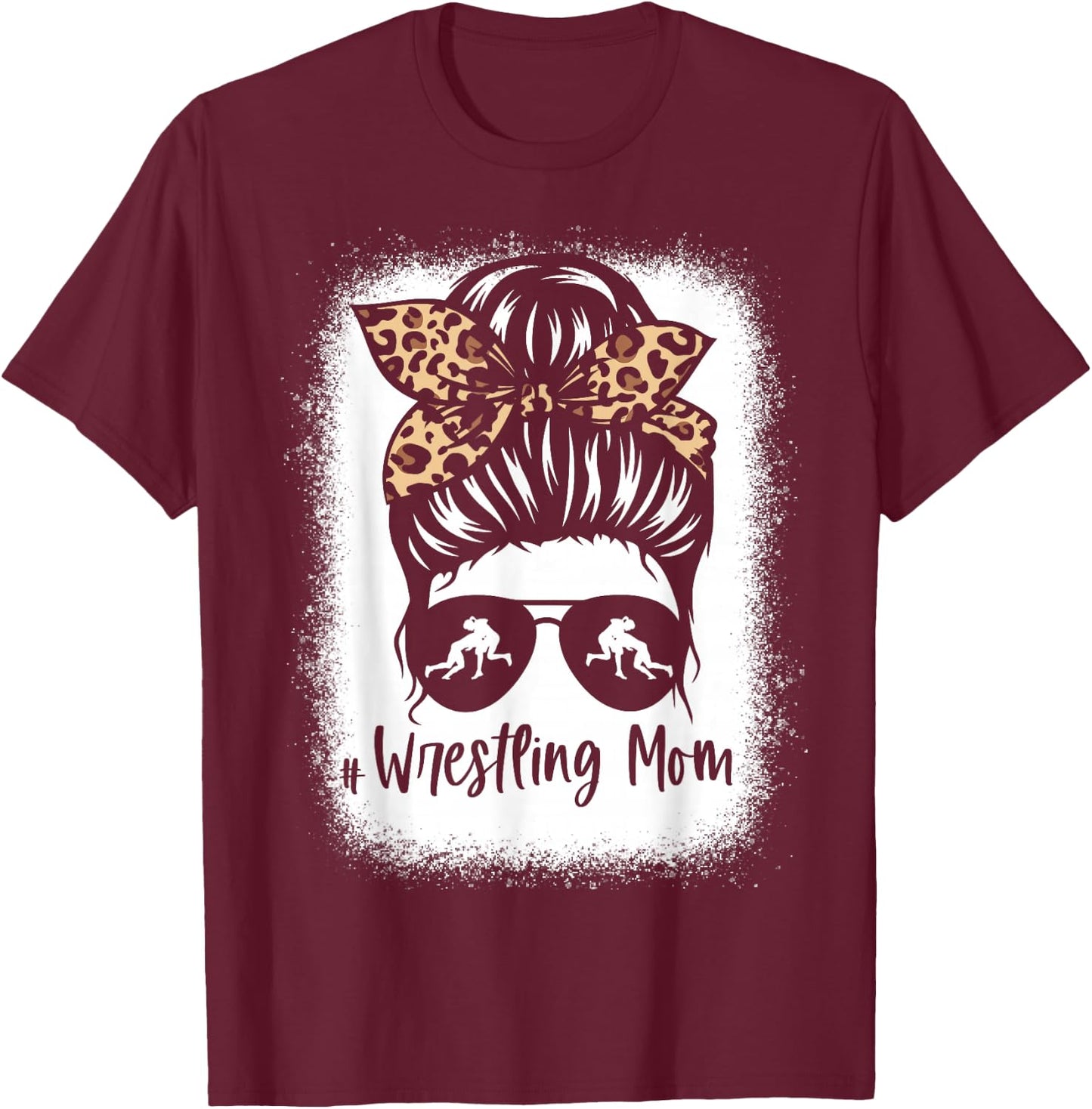 Wrestling Mom Messy Bun Leopard Wrestler Mama T-Shirt - T-Shirt | Maroon