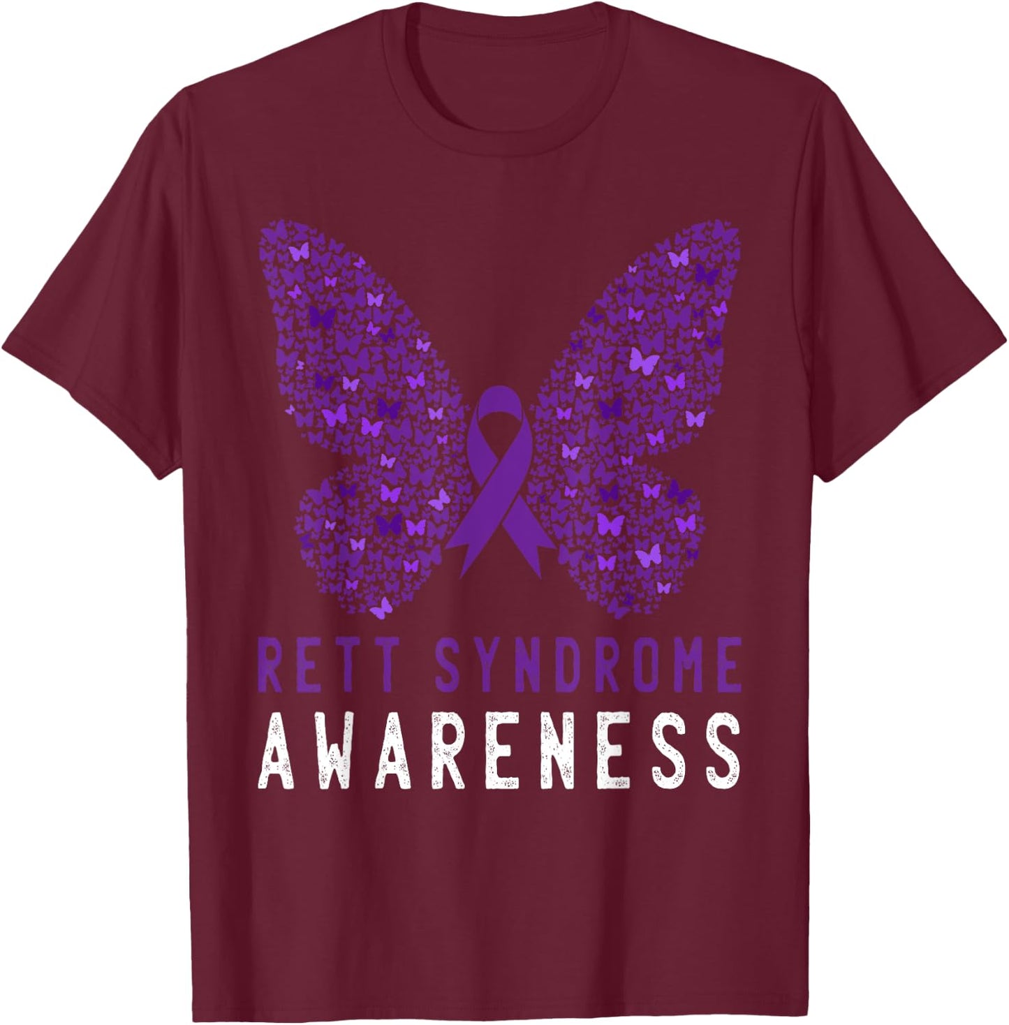 Rett Syndrome Awareness Butterfly Purple Ribbon Support T-Shirt - T-Shirt | Maroon