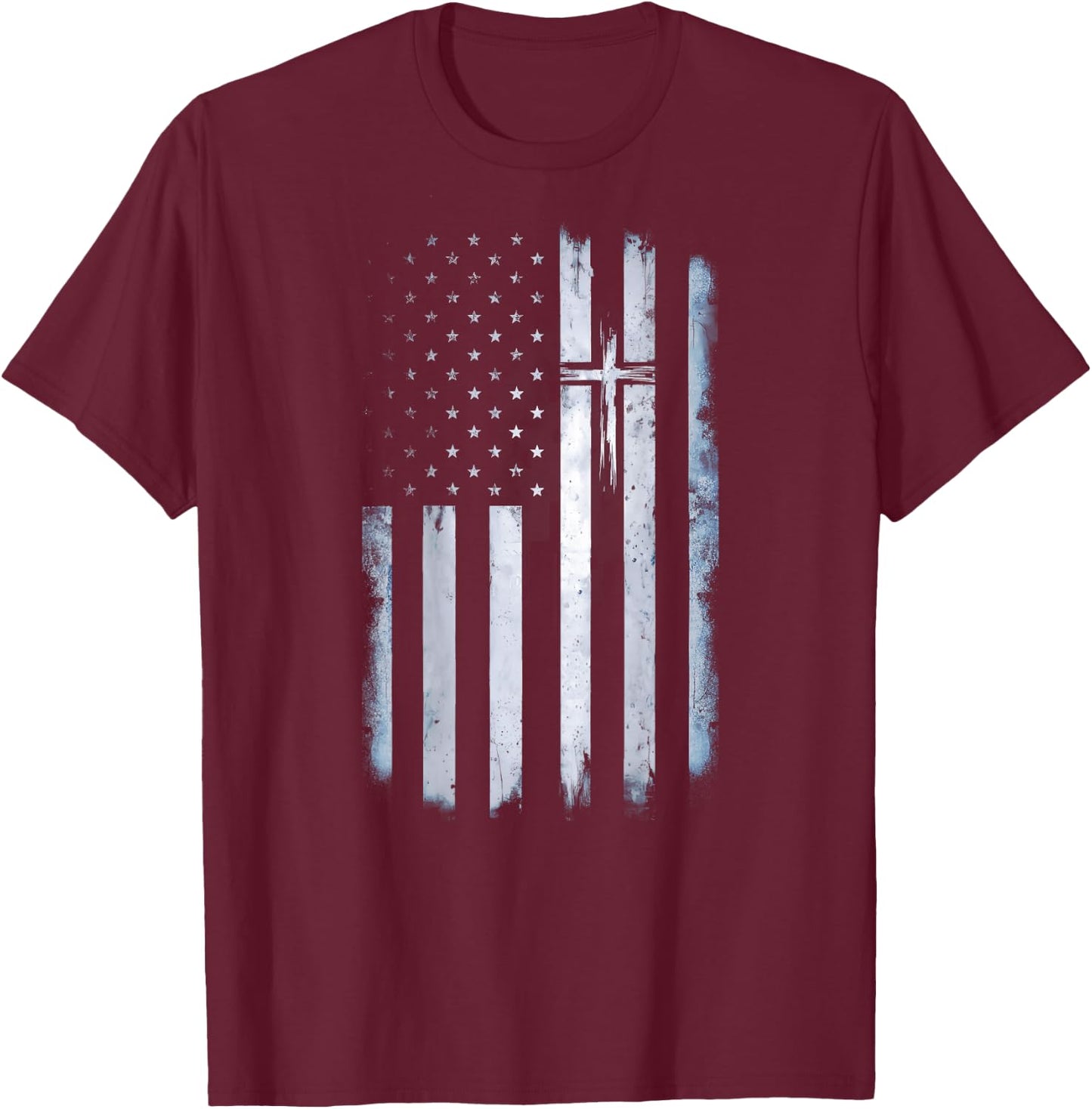 On Back American Flag Cross US Christian Patriotic T-Shirt - T-Shirt | Maroon