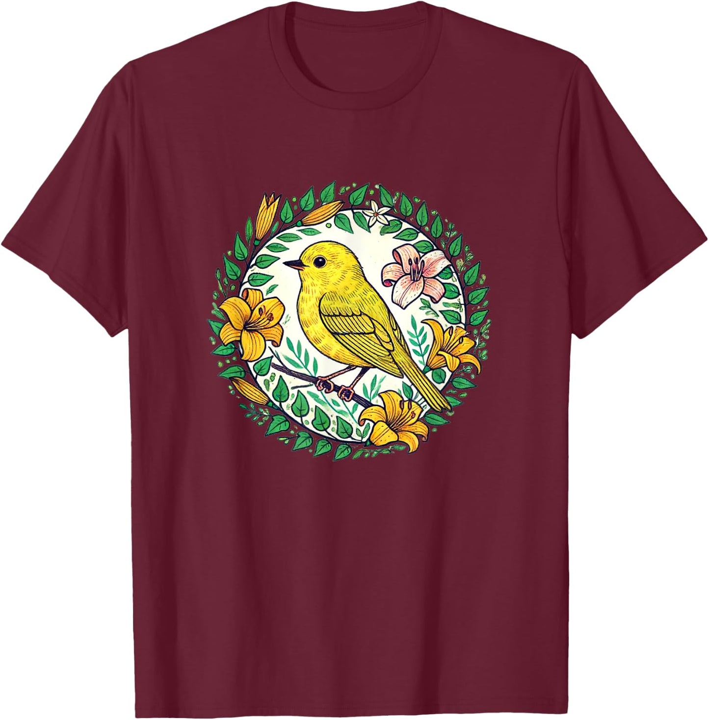 Yellow Finch Art beautiful birds finches illustration T-Shirt - T-Shirt | Maroon