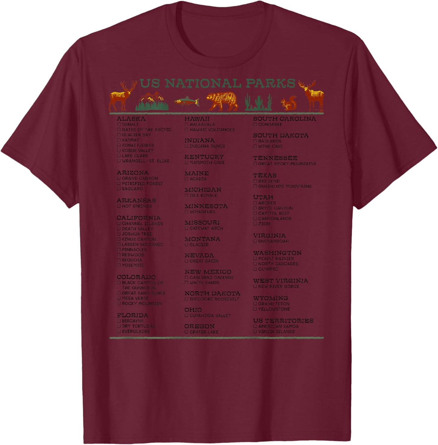 US National Parks Checklist List by State DESIGN ON BACK T-Shirt - T-Shirt | Maroon