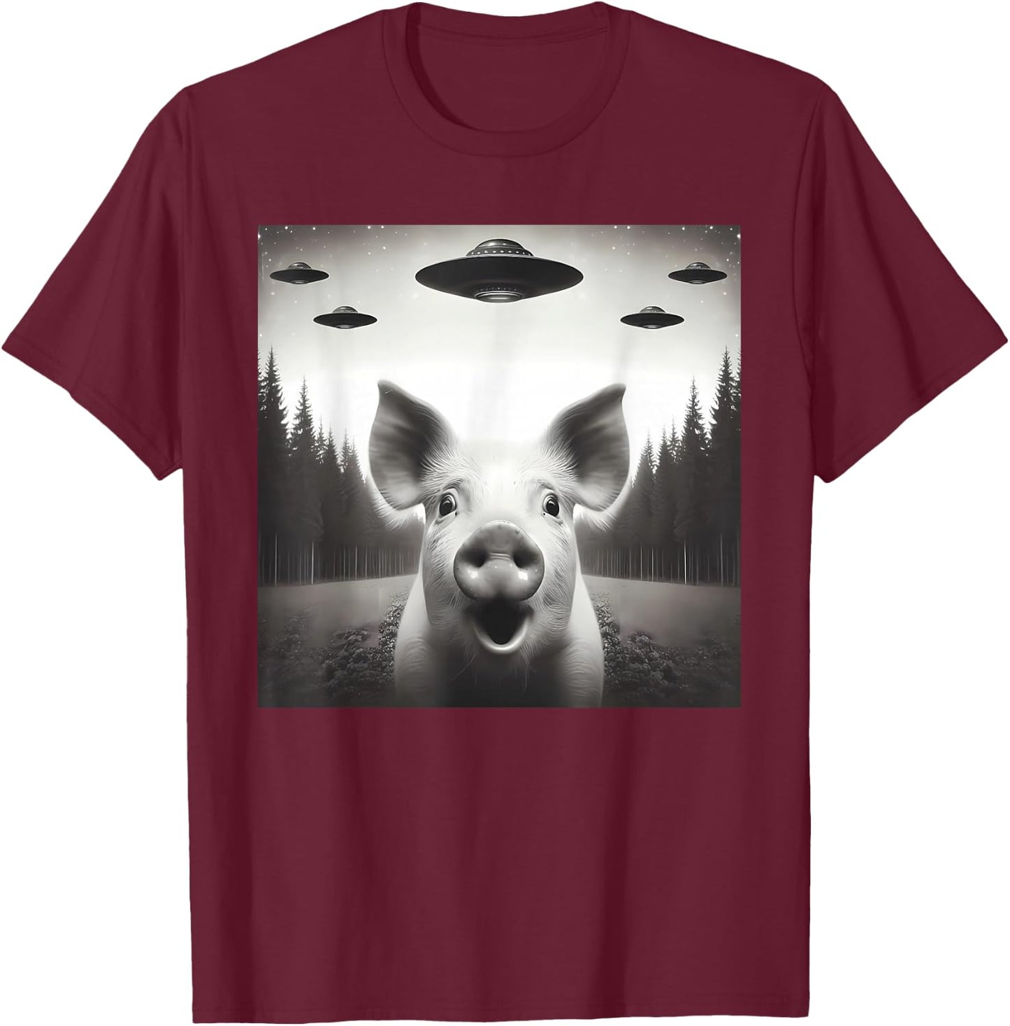 Funny Pig Selfie UFO Alien Humor Vintage Print Art Design T-Shirt - T-Shirt | Maroon
