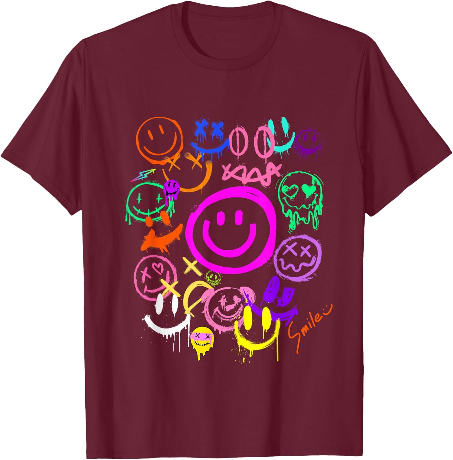 Smileys, Smiling and Vivid Emoticons, Graffiti, Graphic , Black, S T-Shirt - T-Shirt | Maroon