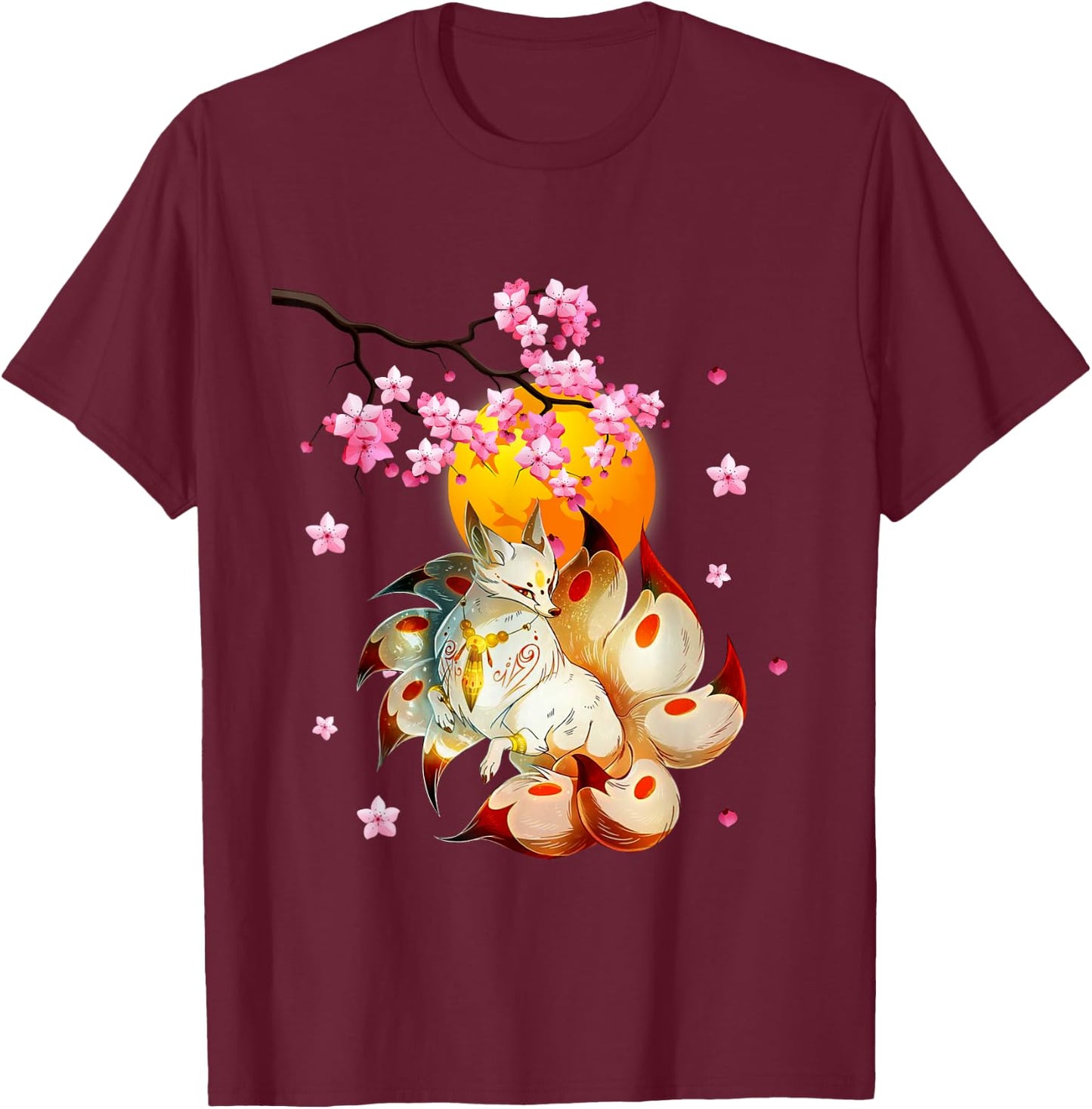 Kitsune-Fox Japanese Nine Tailed Fox-Cherry Blossom Flowers T-Shirt - T-Shirt | Maroon
