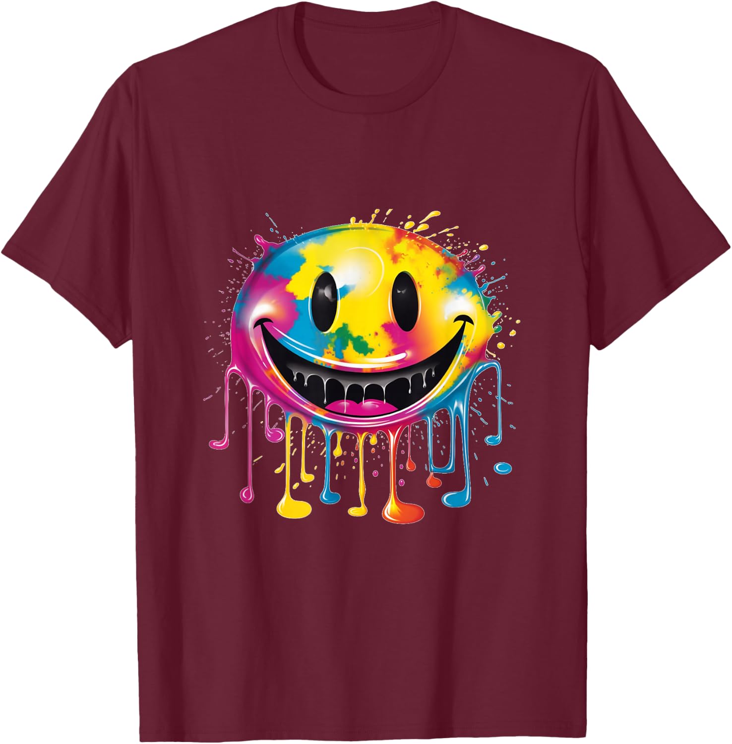 Psychedelic Rave Face Acid Mushrooms Ballern - Black, Multicolored - - Kurzarm - mit kurzen Ärmeln - Rave-Fans, Electronic Music Lovers, Festival Goers, , Gift Recipients T-Shirt - T-Shirt | Maroon