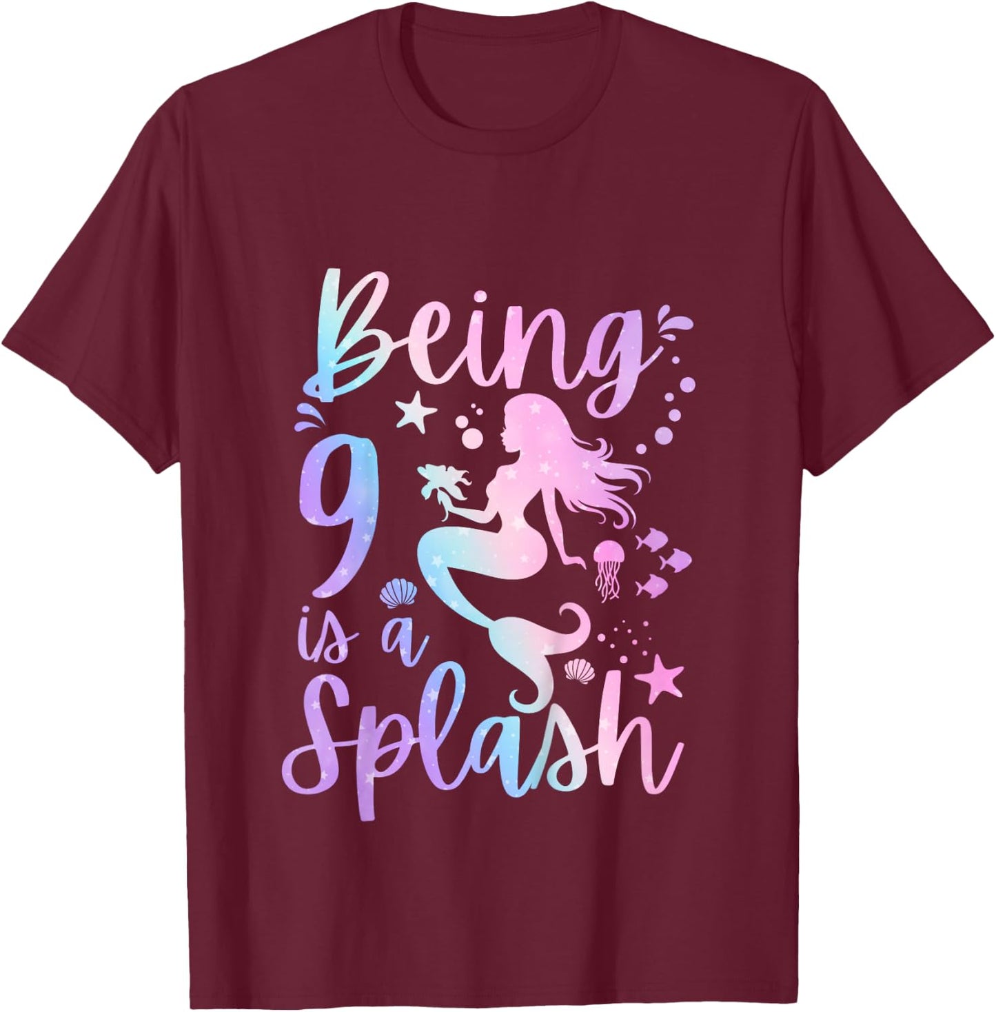 9 Year Old 9th Mermaid Birthday Under Sea Party Themed T-Shirt - T-Shirt | Maroon