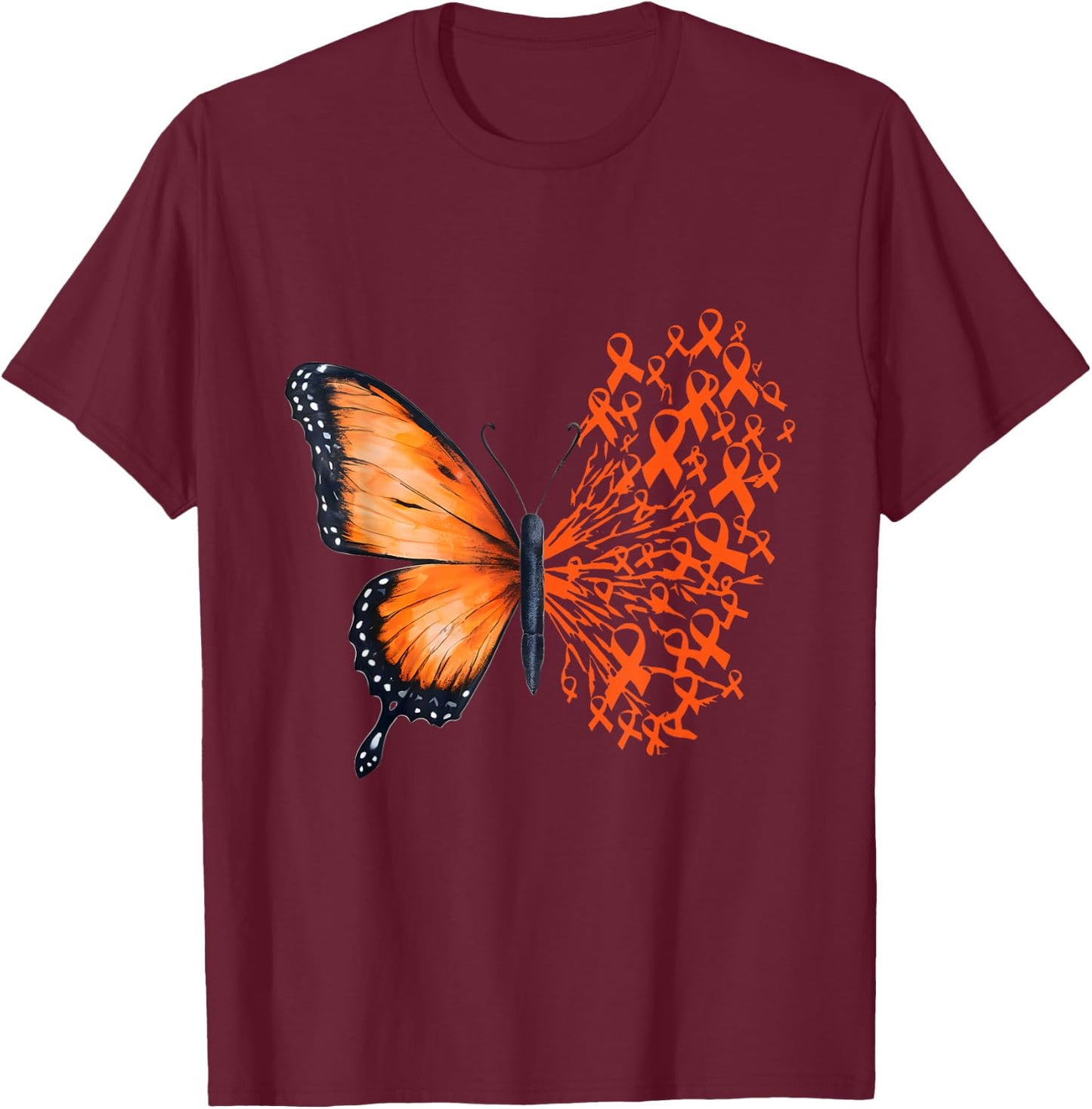 Leukemia Awareness Butterfly Orange Ribbon T-Shirt - T-Shirt | Maroon