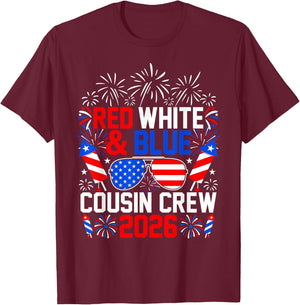 Red White and Blue Cousin Crew 2026 4th of July Patriotic T-Shirt - T-Shirt | Maroon