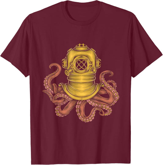 Vintage Octopus Helmet Diver - Scuba Diving Sea Animal Lover T-Shirt - T-Shirt | Maroon