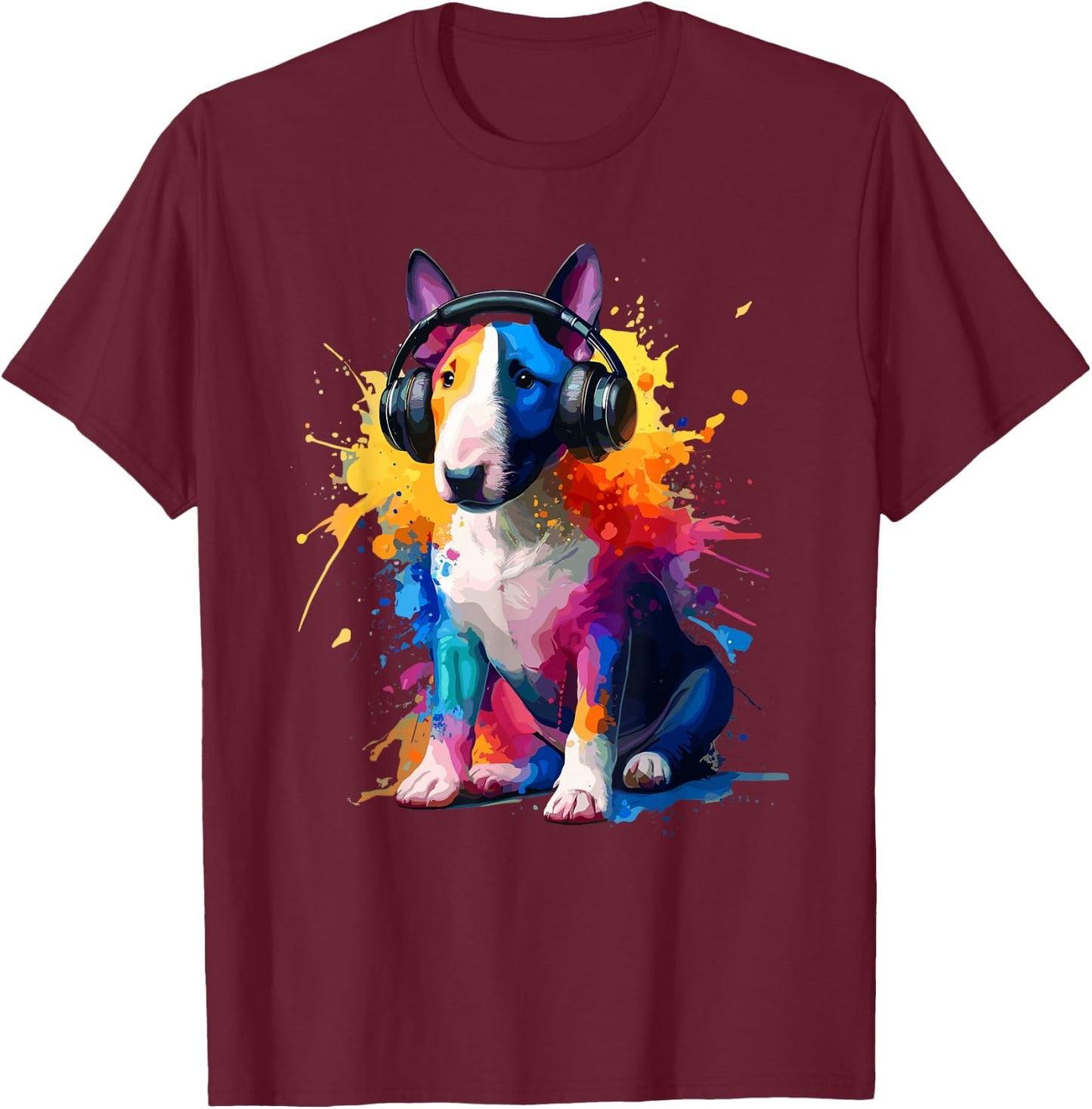 Splash Art Headphones Miniature Bull Terrier Mini Bull , Black, S T-Shirt - T-Shirt | Maroon