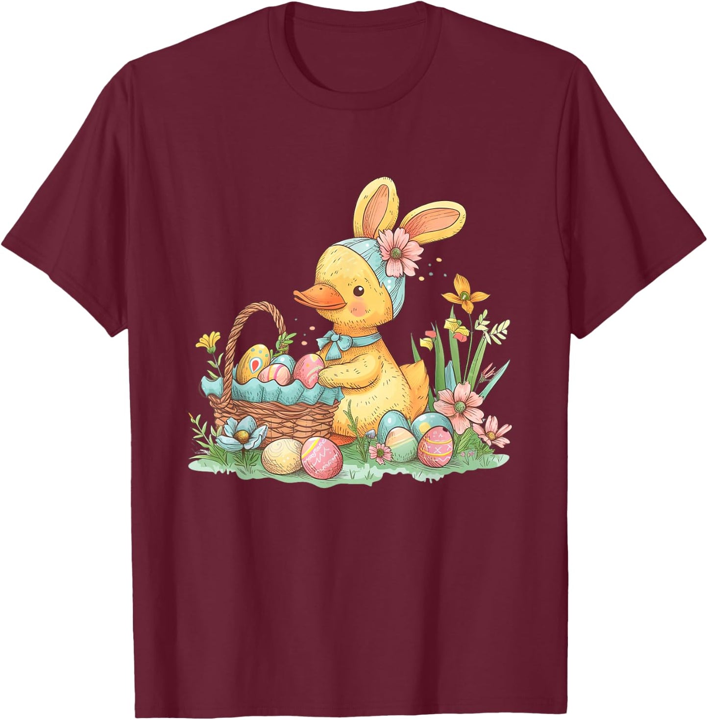 Easter Duck Easter Bunny Eggs Basket T-Shirt - T-Shirt | Maroon