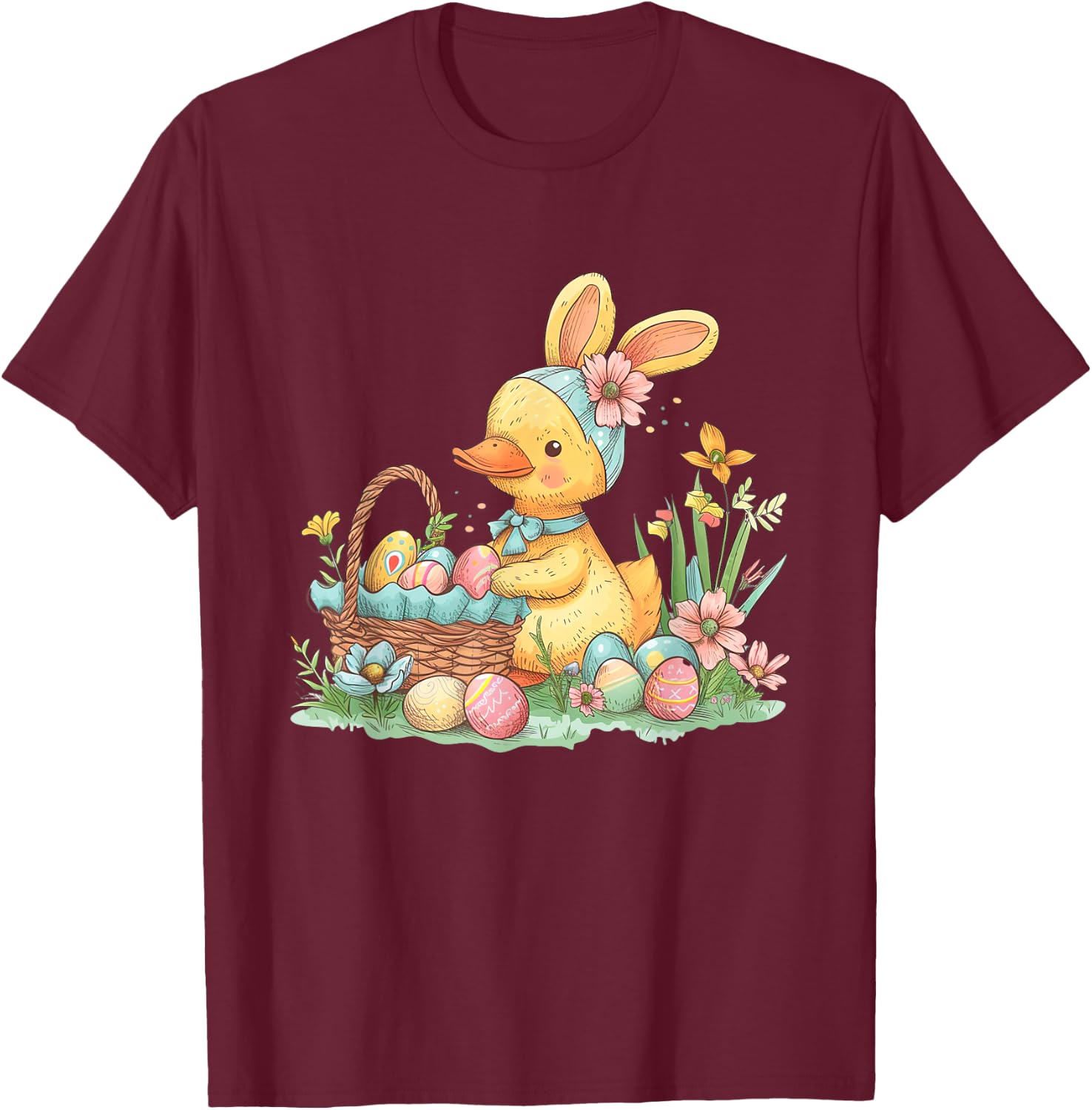 Easter Duck Easter Bunny Eggs Basket T-Shirt - T-Shirt | Maroon