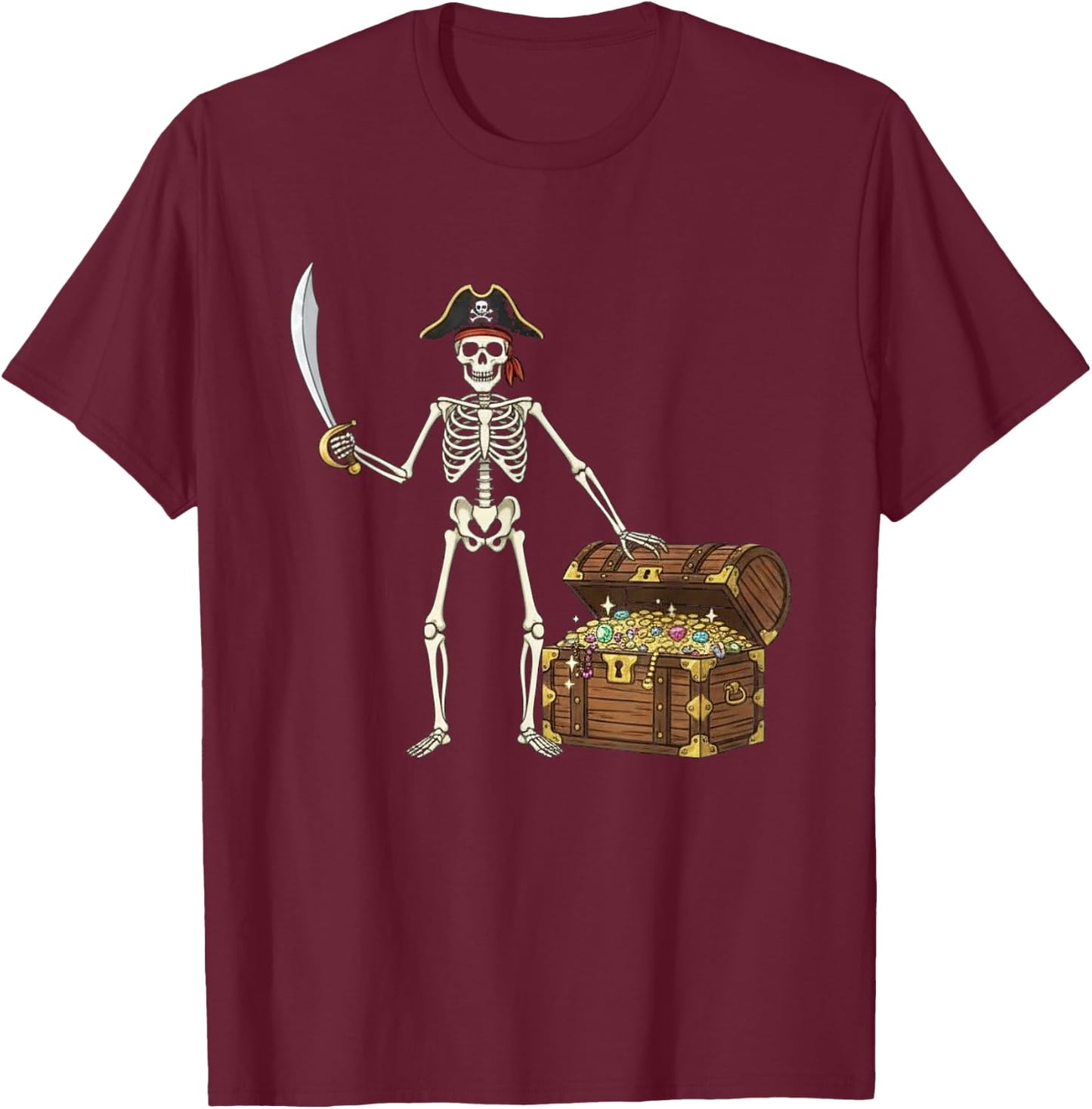 Pirate Skeleton Halloween Funny Men Boys Kids Treasure Chest T-Shirt - T-Shirt | Maroon
