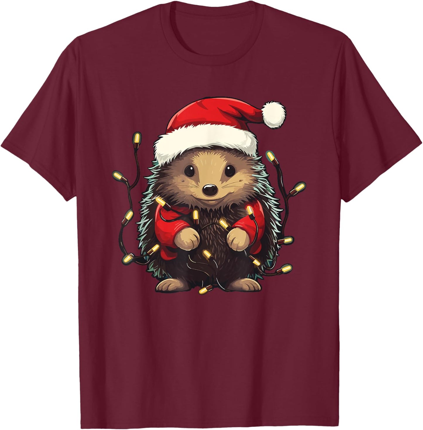 Cute Hedgehog Christmas Lights Santa Hat Xmas Pajama T-Shirt - T-Shirt | Maroon
