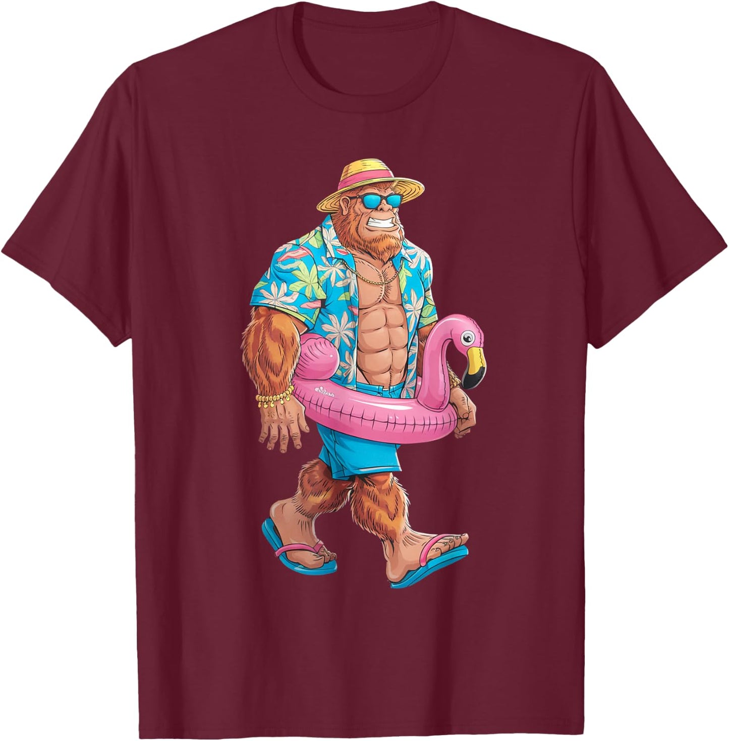 Hawaiian Bigfoot Sasquatch Pink Flamingo Pool Party Summer T-Shirt - T-Shirt | Maroon