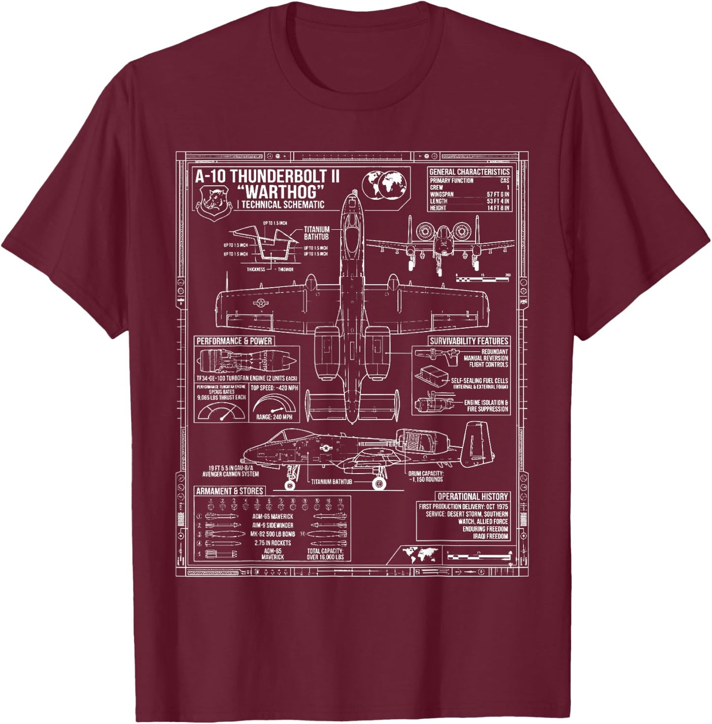 Detailed Blueprint Specs Military Jet A-10 Warthog T-Shirt - T-Shirt | Maroon