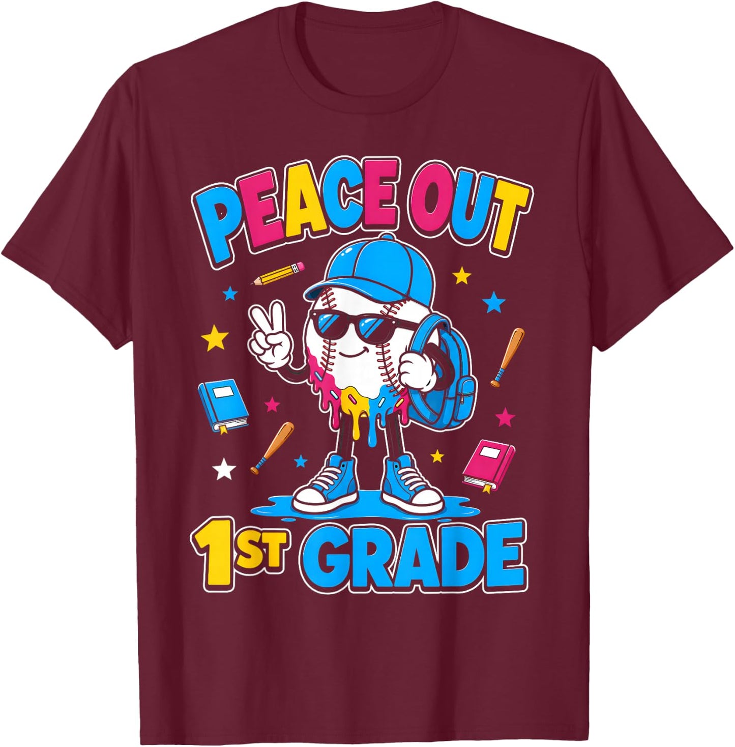 1st Grade Back to School Boys Baseball Ice Cream Drip T-Shirt - T-Shirt | Maroon