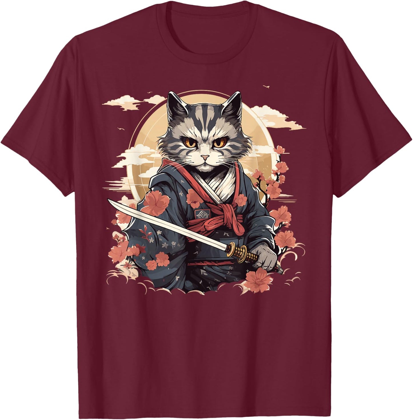 Samurai Cat Warrior Japanische Ninja Katze Kawaii T-Shirt - T-Shirt | Maroon